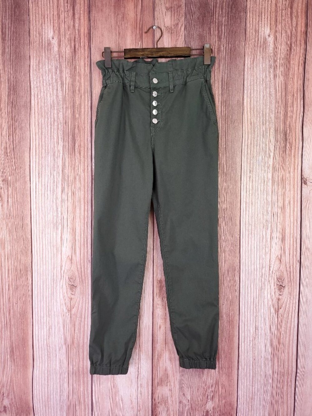 Veronica Beard Tedi Tapered High Rise Pants 26/2 Army Green Paperbag Snap Jogger
